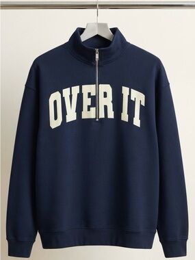 Men's Navy Half-Zip Sweater with 'OVER IT' Graphic